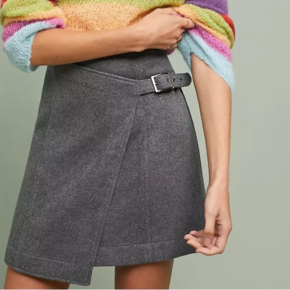 Anthropologie MAEVE Wellesley Gray Buckle Wool Mini Skirt